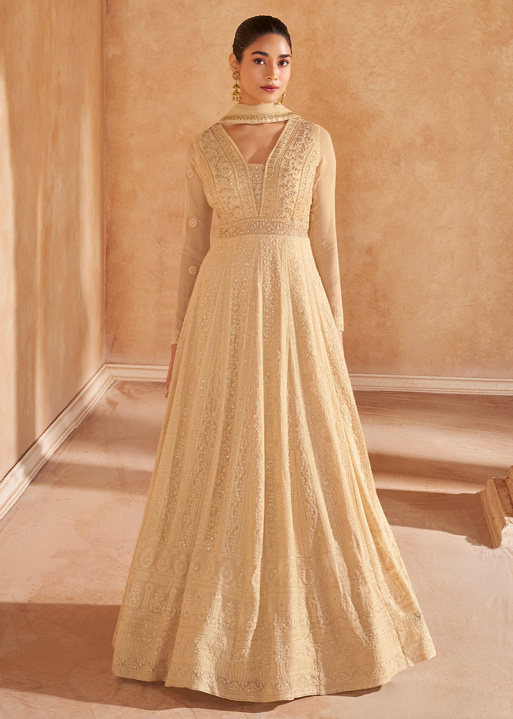 Light Brown Chikankari Embroidered Georgette Anarkali Gown