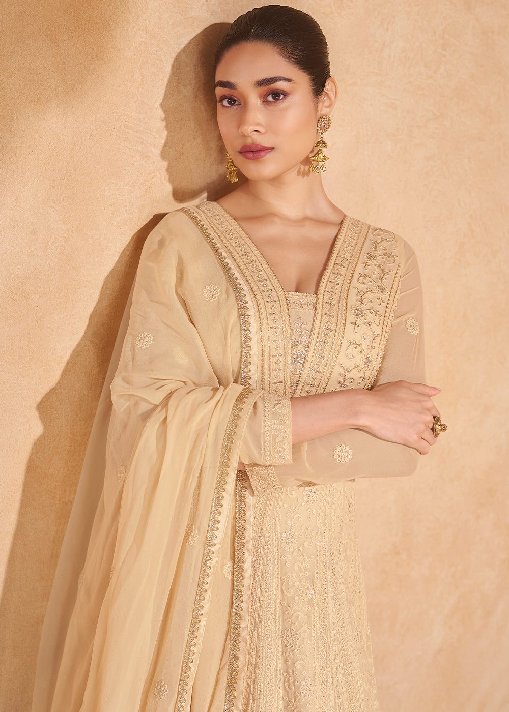 Light Brown Chikankari Embroidered Georgette Anarkali Gown