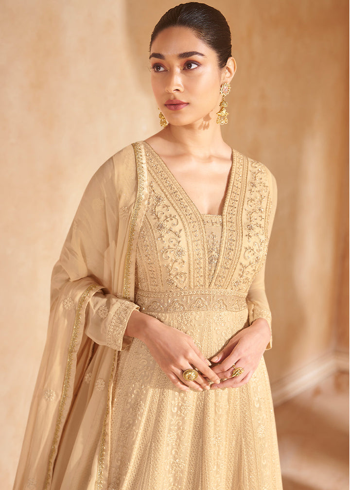 Light Brown Chikankari Embroidered Georgette Anarkali Gown