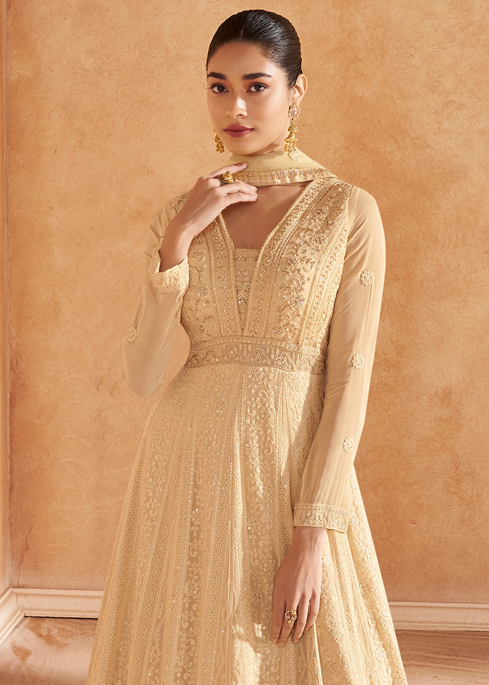 Light Brown Chikankari Embroidered Georgette Anarkali Gown