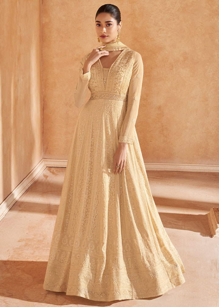 Light Brown Chikankari Embroidered Georgette Anarkali Gown