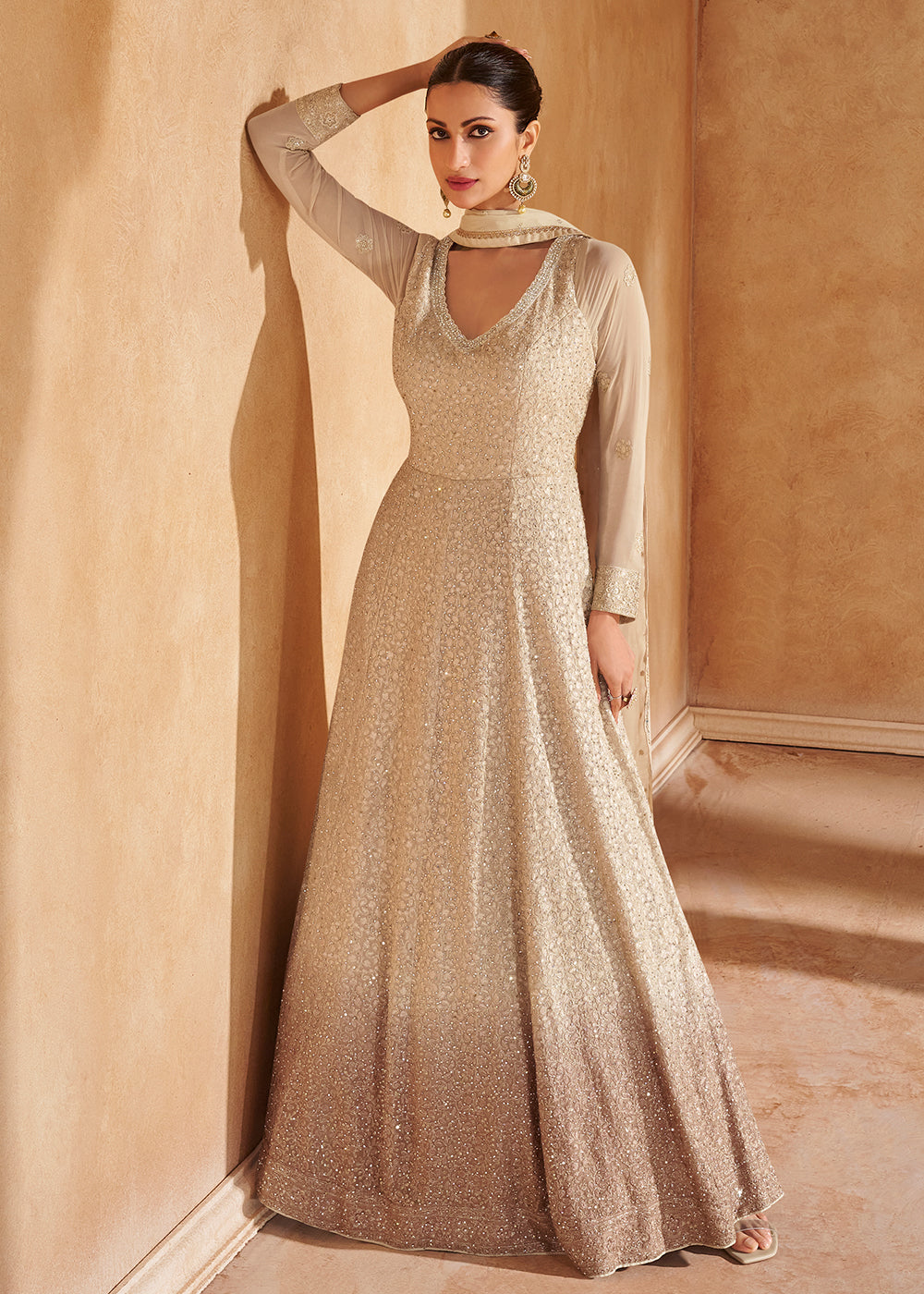 Abalone Grey Chikankari Embroidered Georgette Anarkali Gown