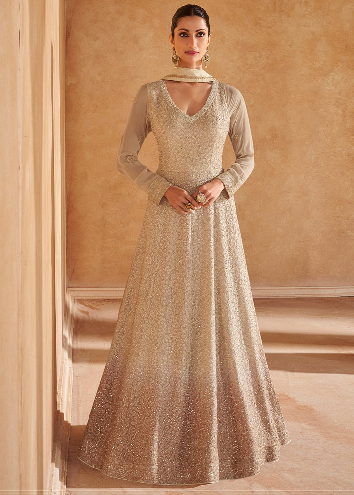 Abalone Grey Chikankari Embroidered Georgette Anarkali Gown