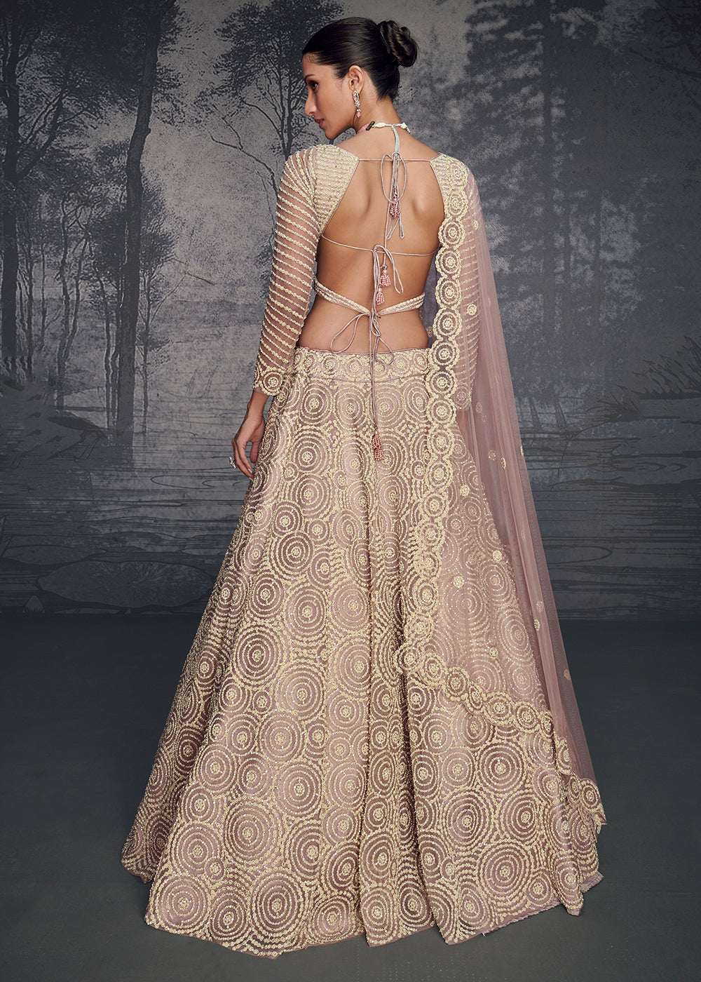 Light Opera Mauve Purple Embroidered Net Lehenga Choli with Swarovski, Moti, and Hand Detailing