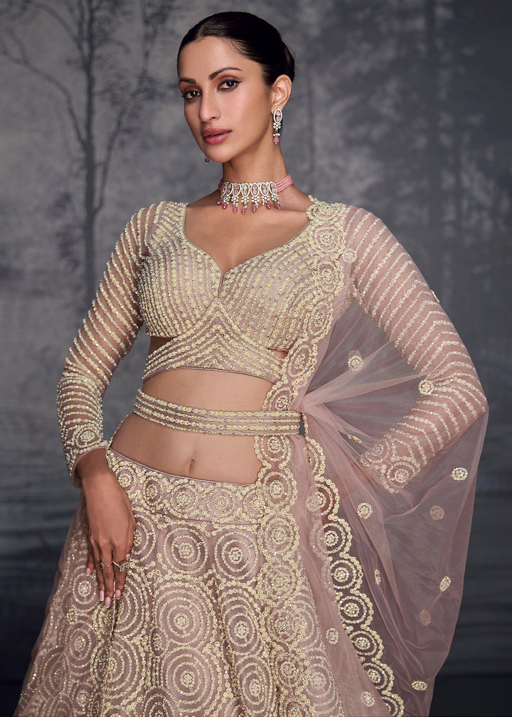 Light Opera Mauve Purple Embroidered Net Lehenga Choli with Swarovski, Moti, and Hand Detailing