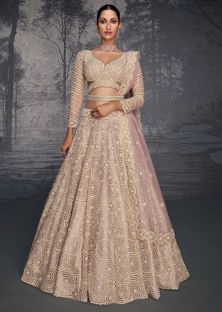 Light Opera Mauve Purple Embroidered Net Lehenga Choli with Swarovski, Moti, and Hand Detailing