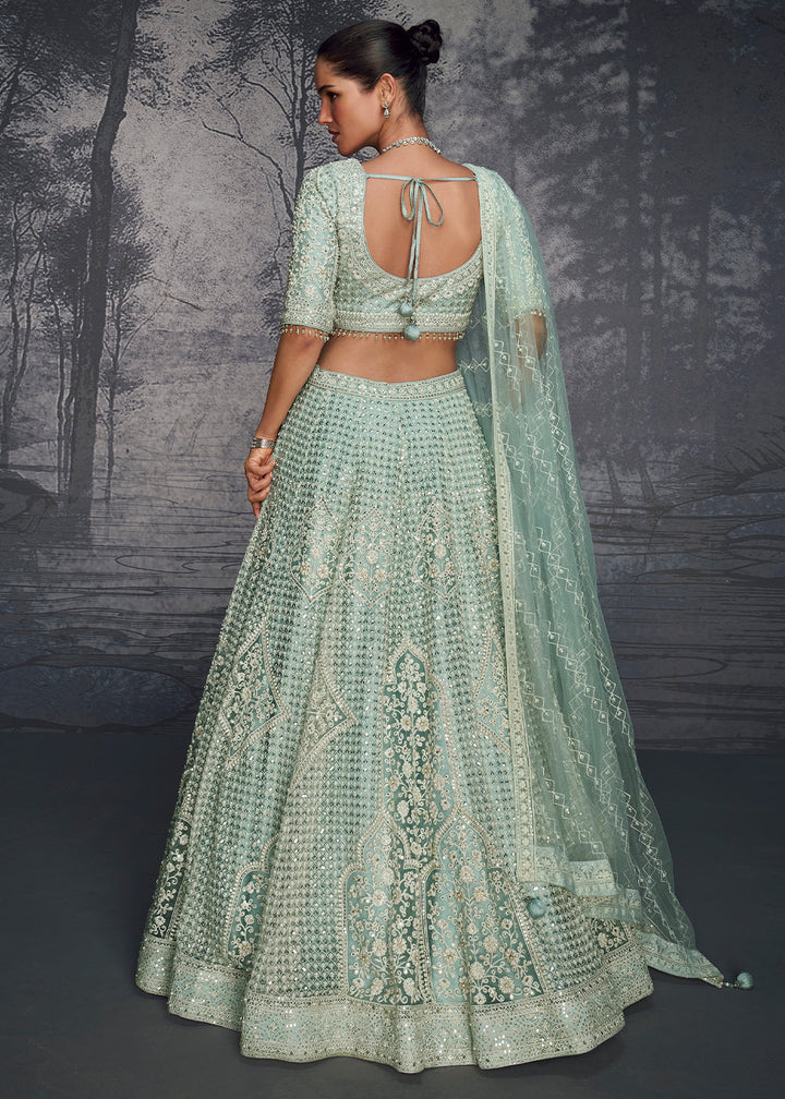 Light Blue Embroidered Net Lehenga Choli with Swarovski, Moti, and Hand Detailing