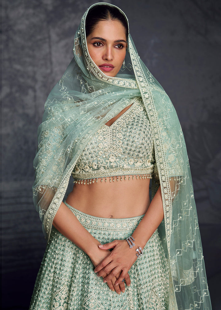 Light Blue Embroidered Net Lehenga Choli with Swarovski, Moti, and Hand Detailing