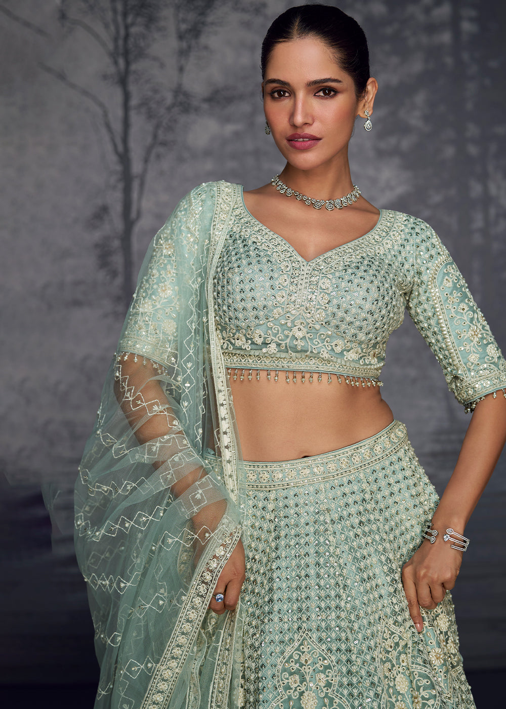 Light Blue Embroidered Net Lehenga Choli with Swarovski, Moti, and Hand Detailing