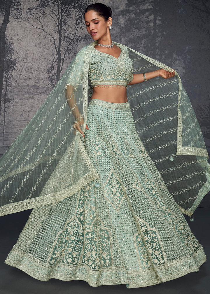 Light Blue Embroidered Net Lehenga Choli with Swarovski, Moti, and Hand Detailing