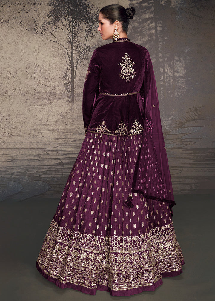 Sangria Purple Embroidered Velvet Top with Silk Skirt