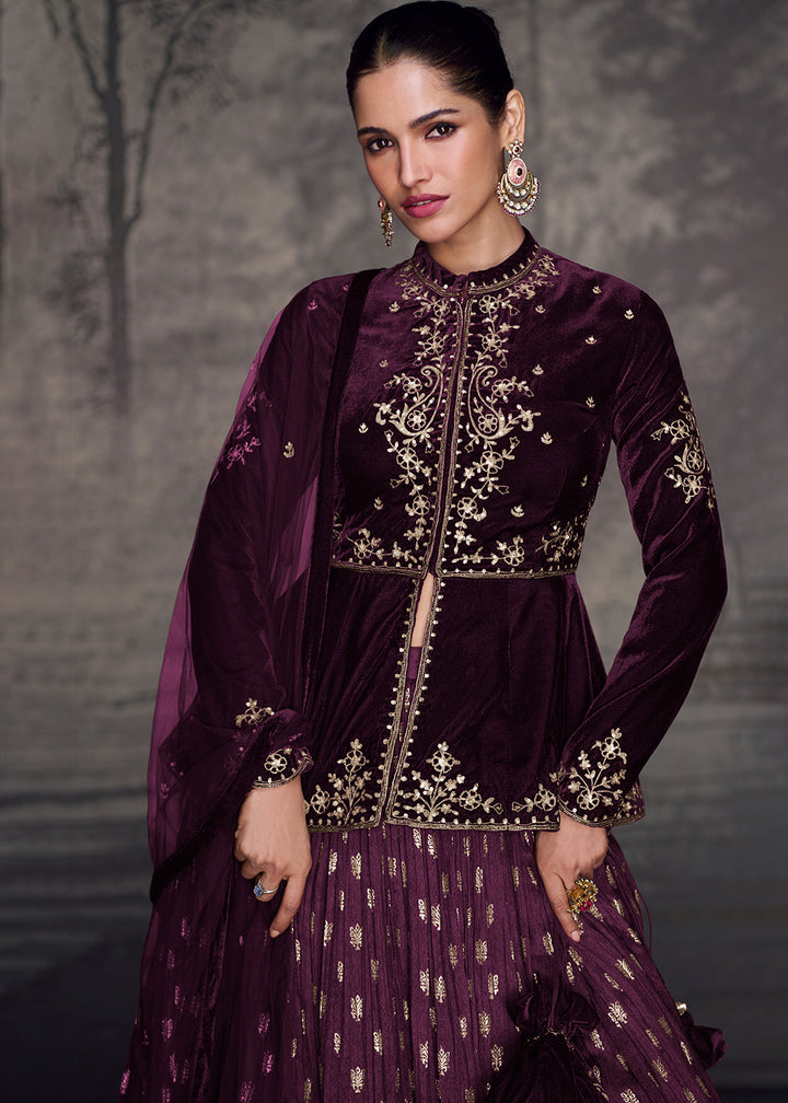 Sangria Purple Embroidered Velvet Top with Silk Skirt