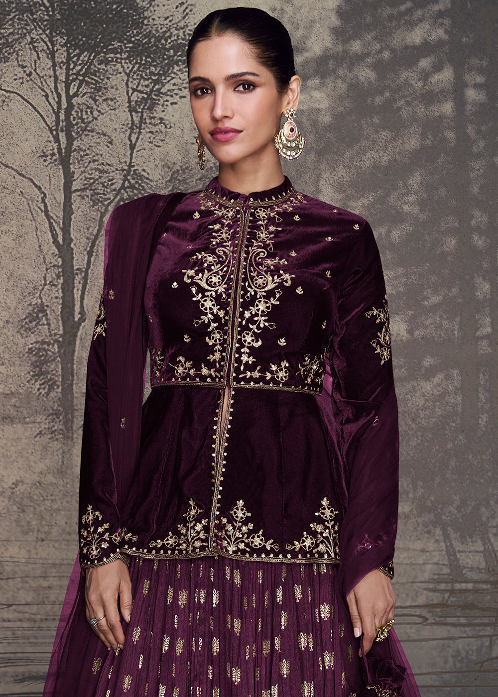 Sangria Purple Embroidered Velvet Top with Silk Skirt