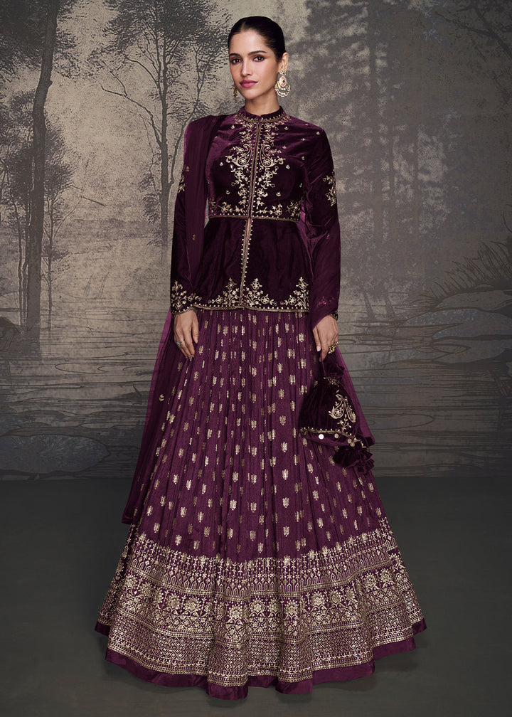 Sangria Purple Embroidered Velvet Top with Silk Skirt