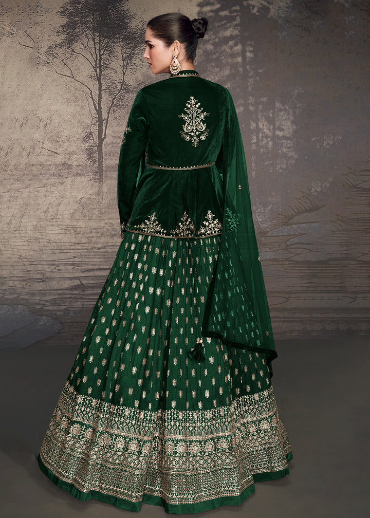 Sacramento Green Embroidered Velvet Top with Silk Skirt