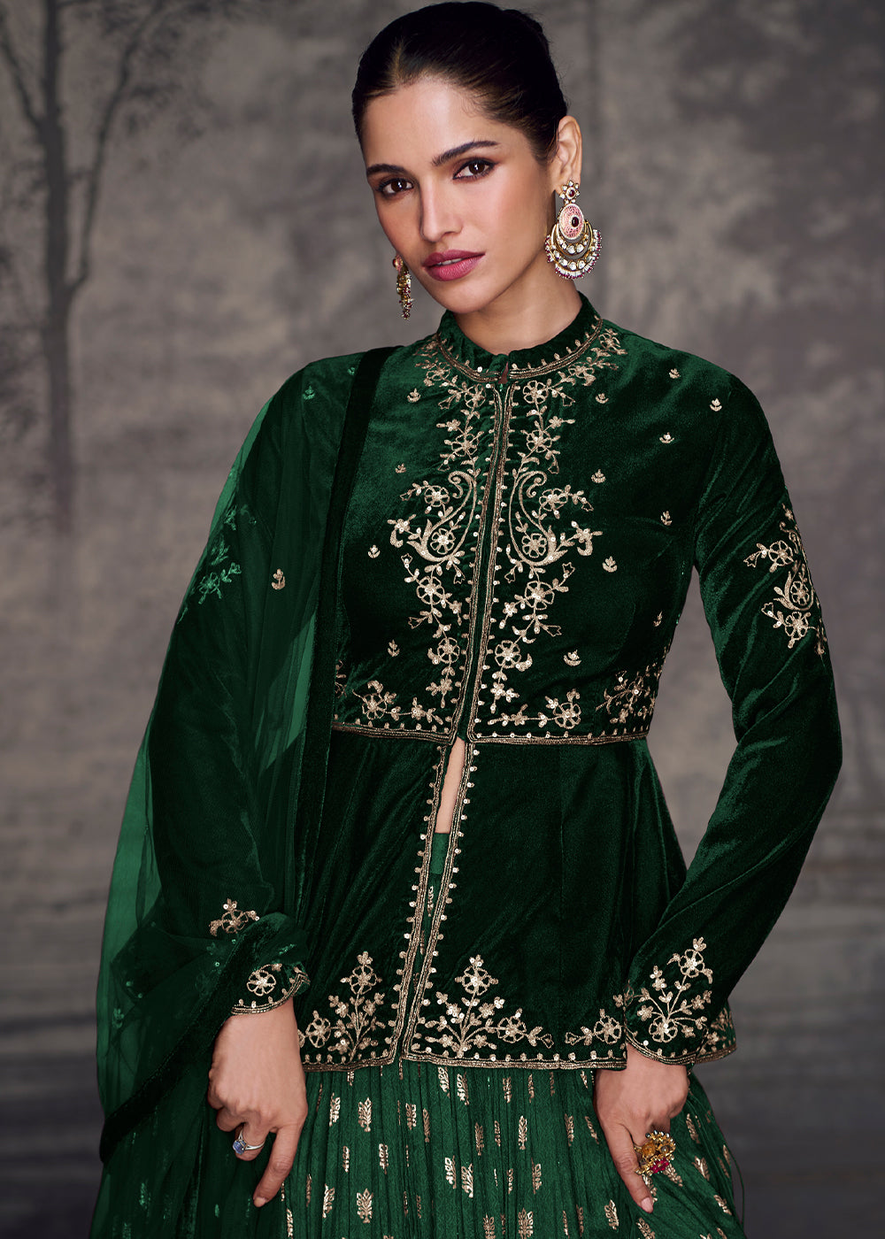 Sacramento Green Embroidered Velvet Top with Silk Skirt