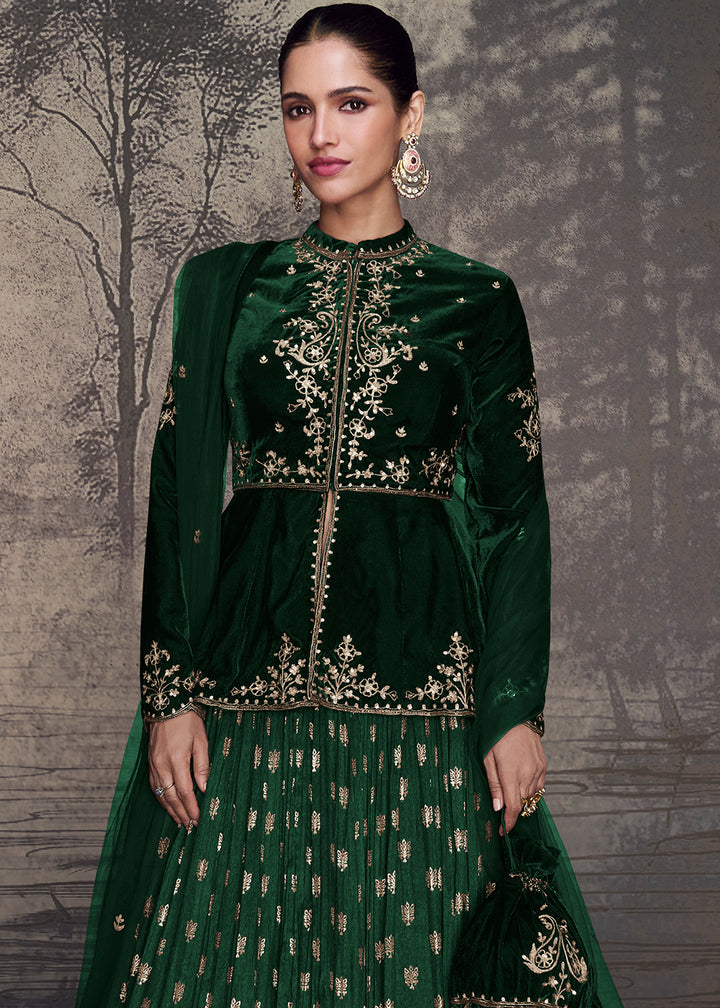 Sacramento Green Embroidered Velvet Top with Silk Skirt