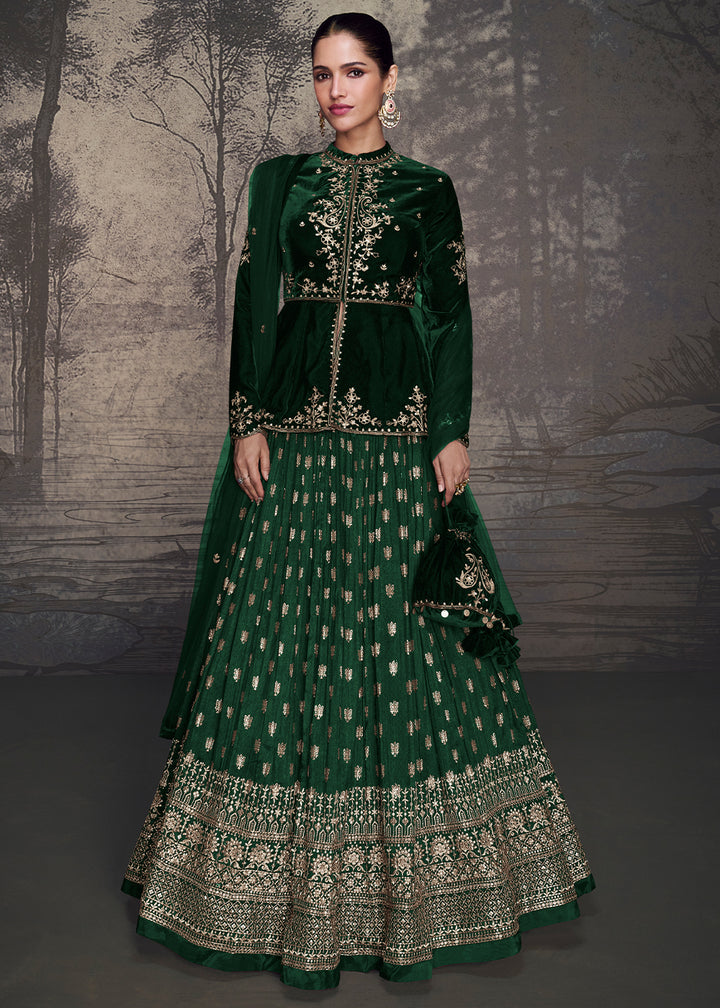 Sacramento Green Embroidered Velvet Top with Silk Skirt