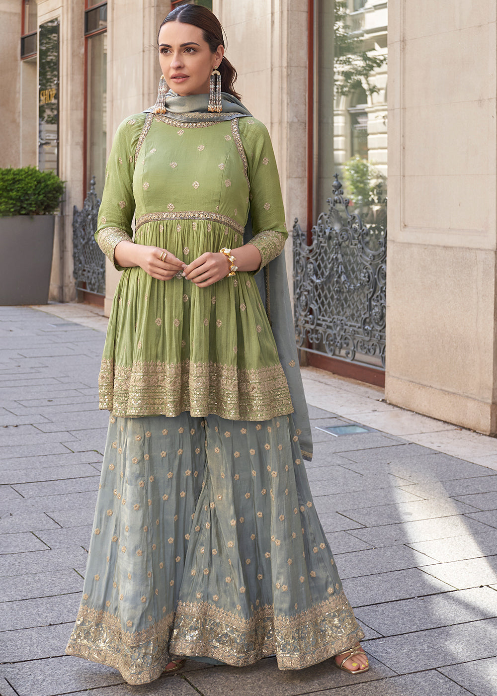 Green & Grey Embroidered Simar Plazzo Suit