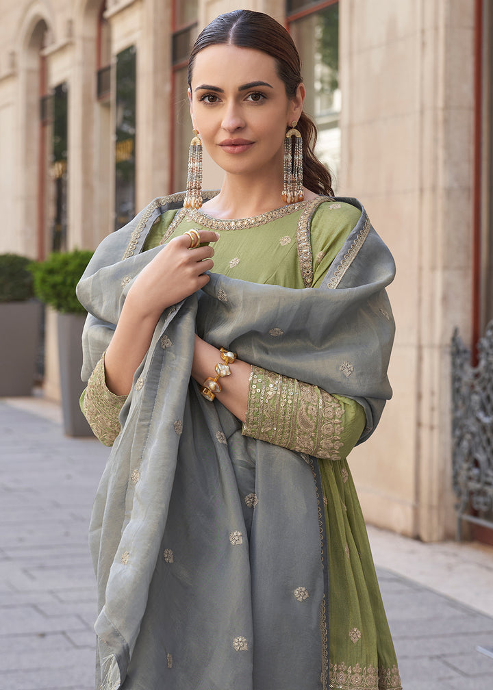 Green & Grey Embroidered Simar Plazzo Suit