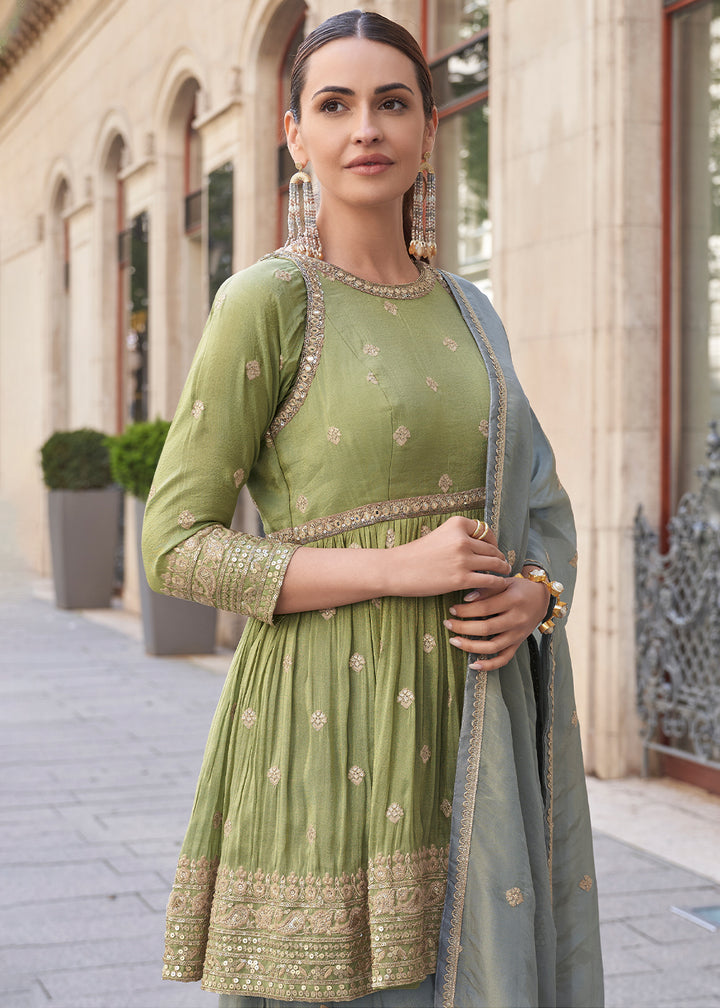 Green & Grey Embroidered Simar Plazzo Suit