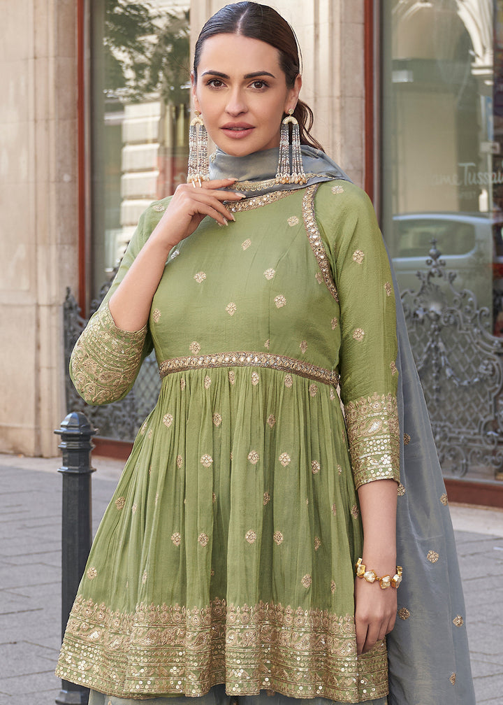 Green & Grey Embroidered Simar Plazzo Suit