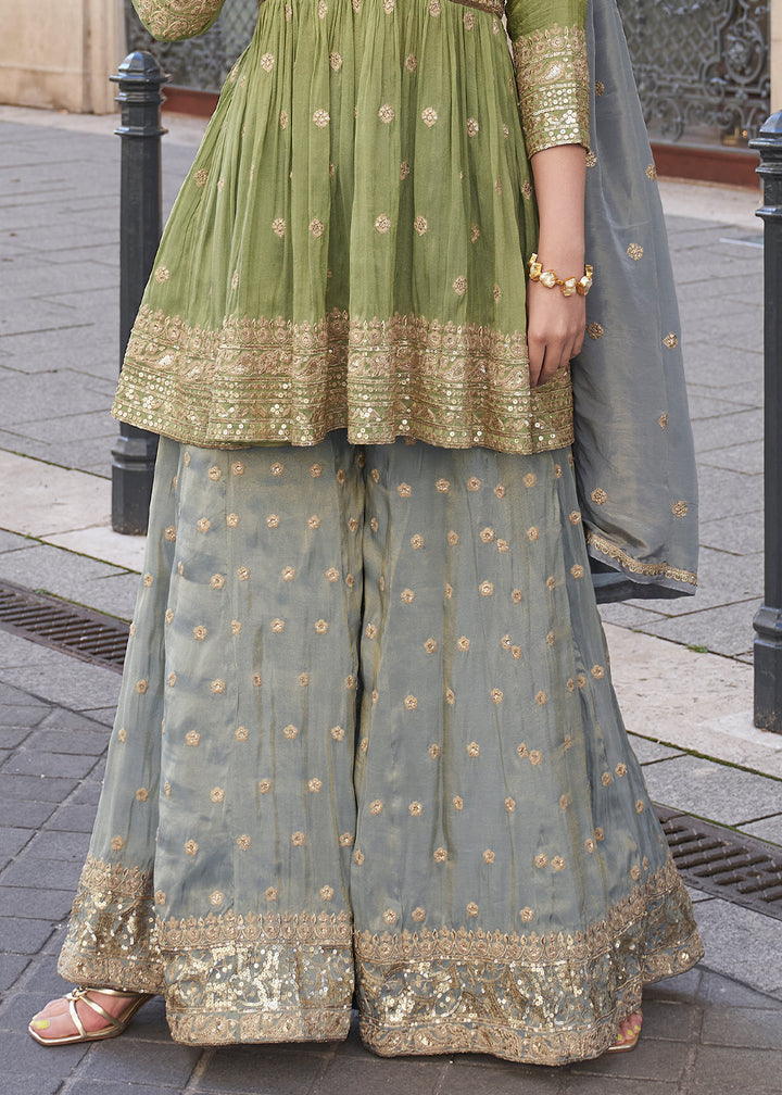 Green & Grey Embroidered Simar Plazzo Suit