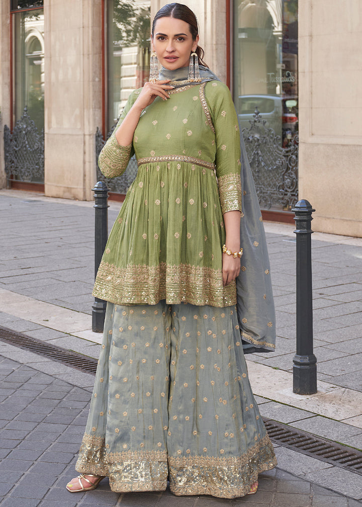 Green & Grey Embroidered Simar Plazzo Suit