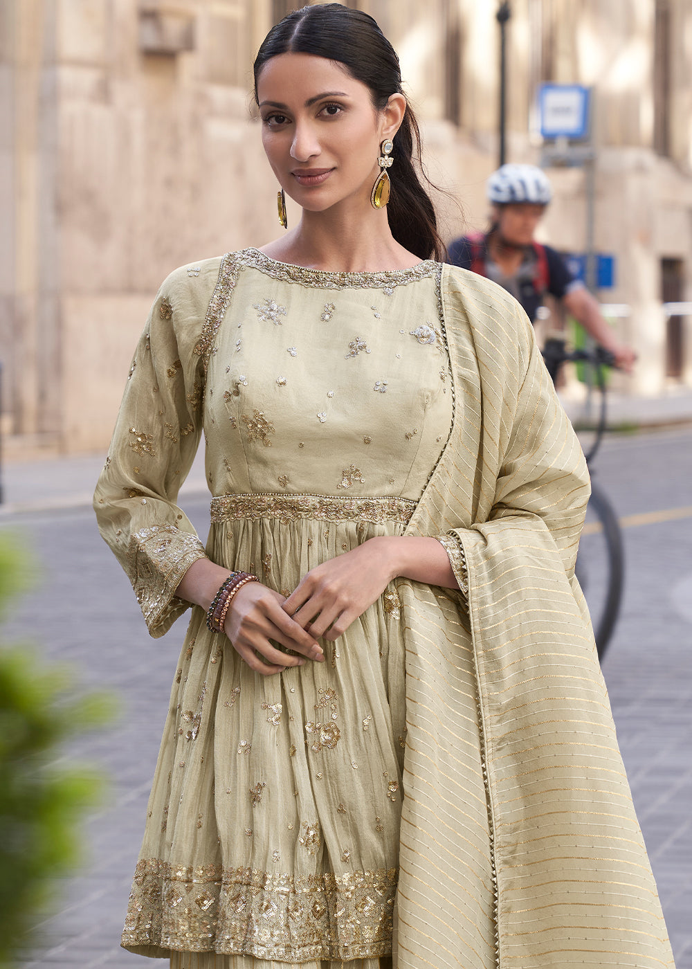 Whiteish Beige Brown Embroidered Simar Plazzo Suit