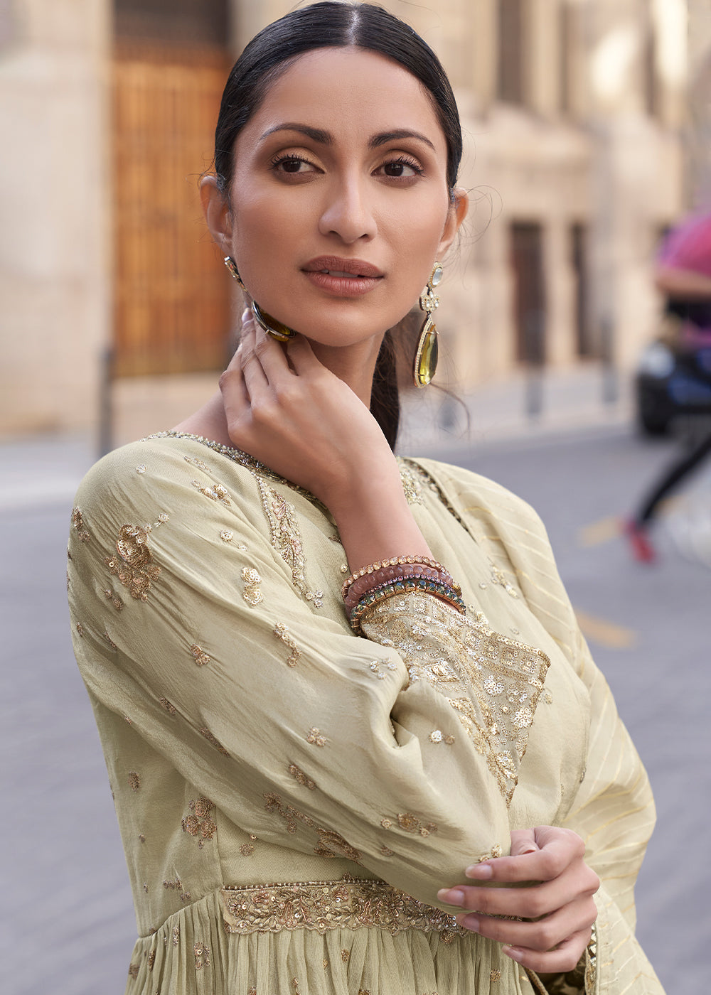 Whiteish Beige Brown Embroidered Simar Plazzo Suit