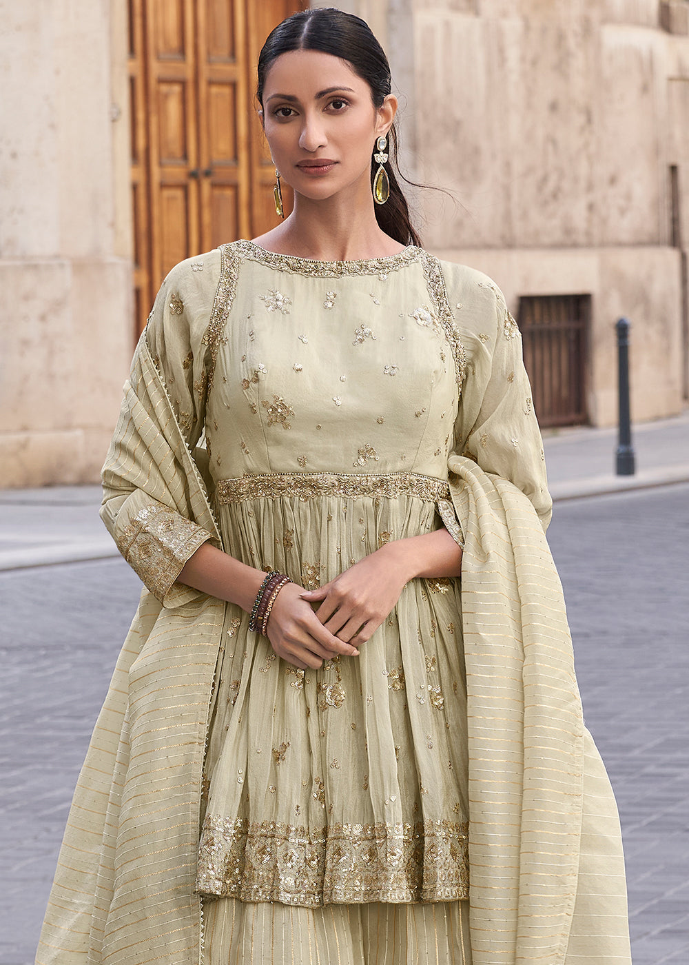 Whiteish Beige Brown Embroidered Simar Plazzo Suit