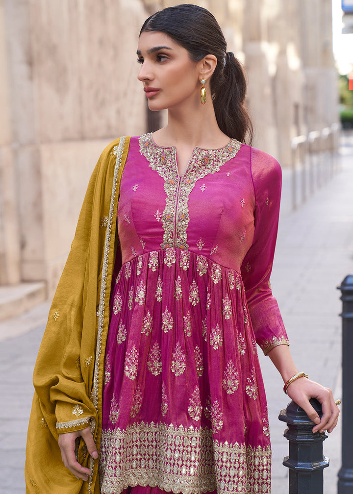 Magenta Pink Embroidered Simar Plazzo Suit