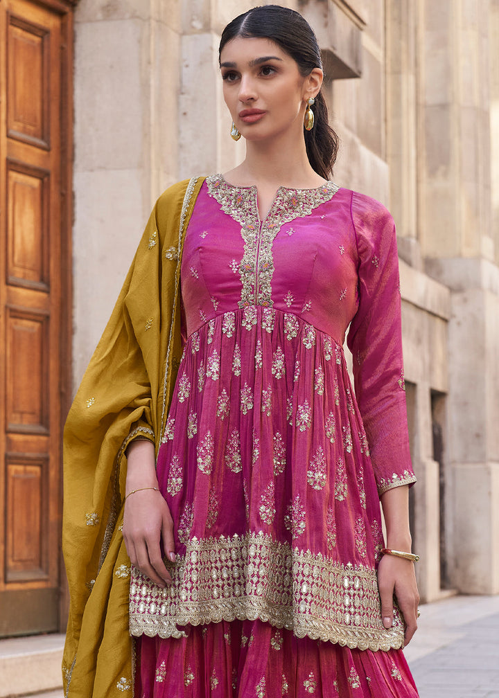 Magenta Pink Embroidered Simar Plazzo Suit