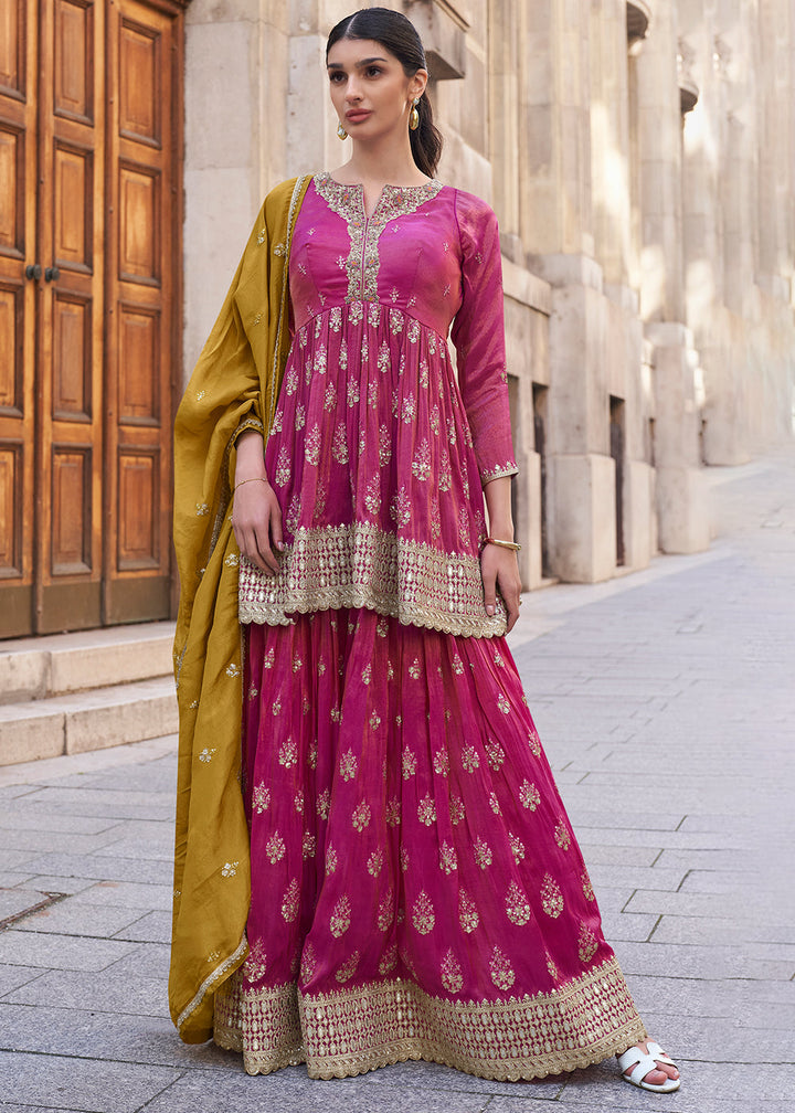 Magenta Pink Embroidered Simar Plazzo Suit