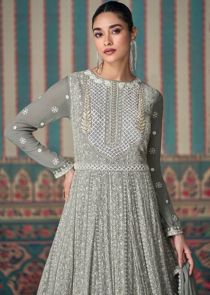 Seal Grey Georgette Anarkali Gown with Lucknowi Embroidered work