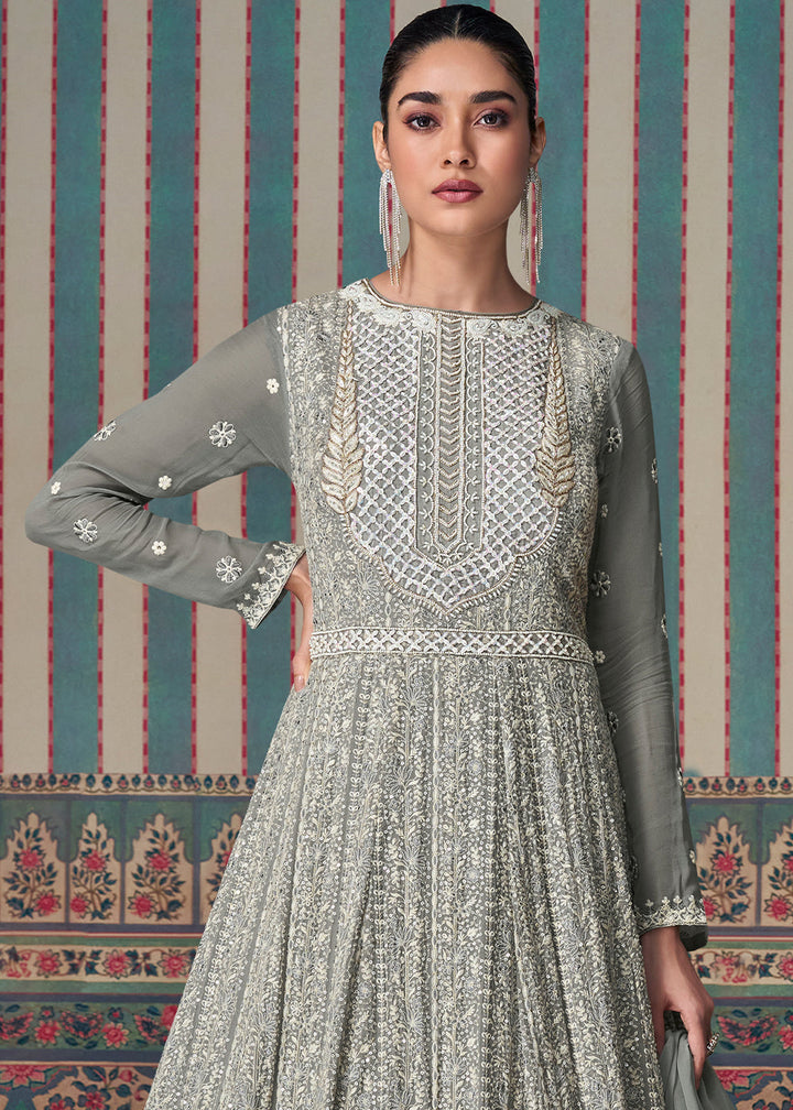 Seal Grey Georgette Anarkali Gown with Lucknowi Embroidered work