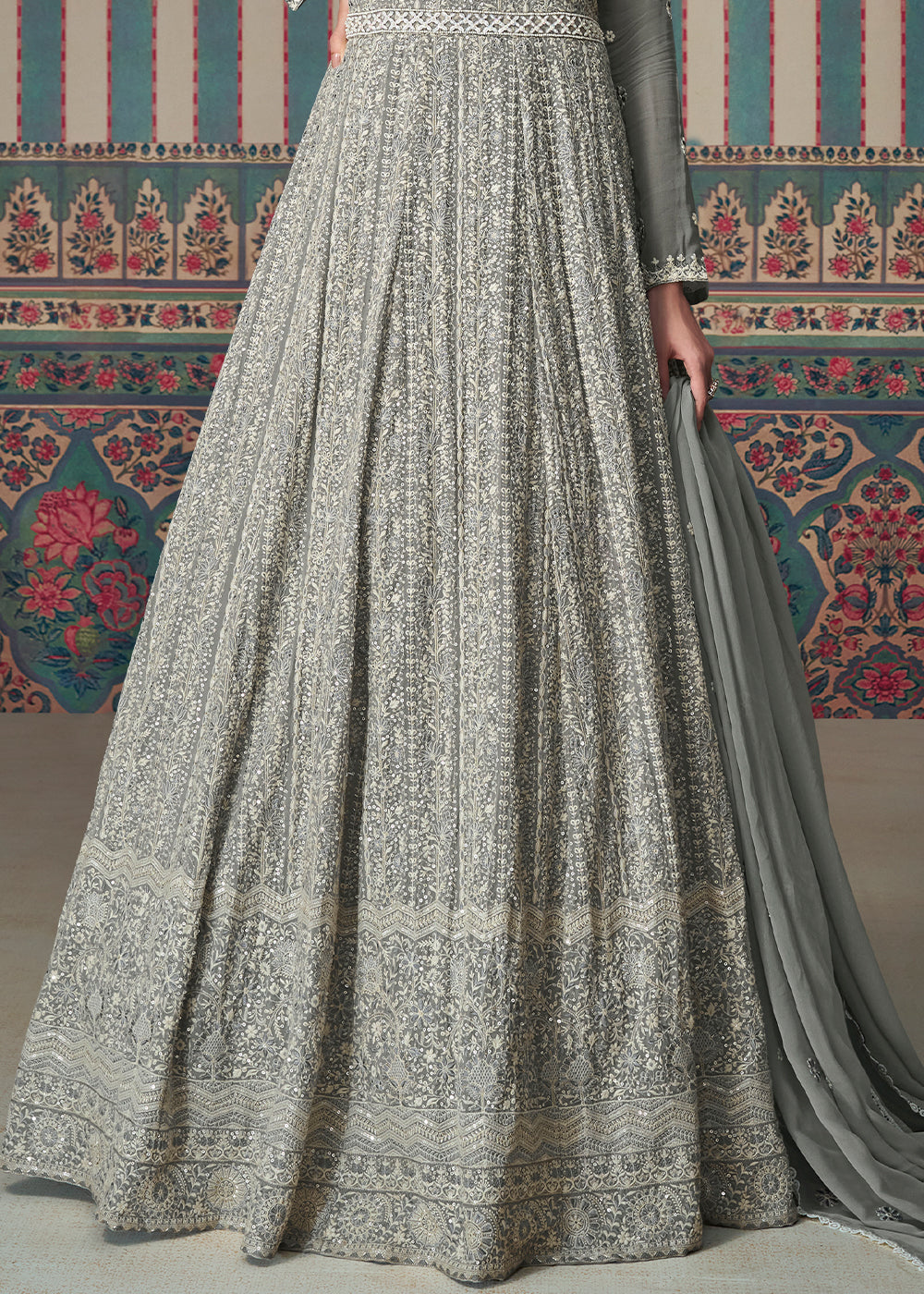 Seal Grey Georgette Anarkali Gown with Lucknowi Embroidered work