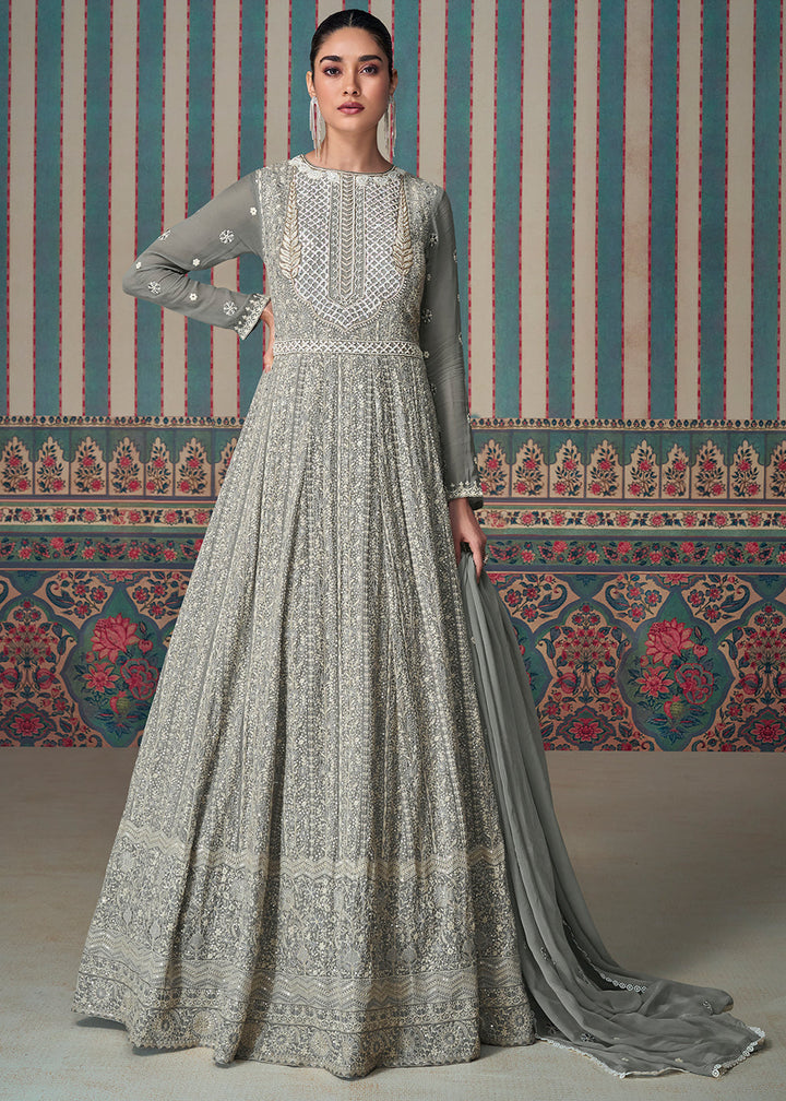 Seal Grey Georgette Anarkali Gown with Lucknowi Embroidered work