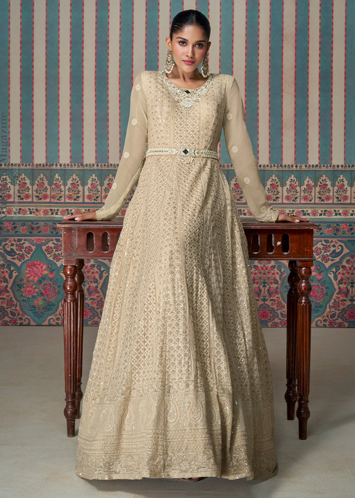 Beige Brown Georgette Anarkali Gown with Lucknowi Embroidered work