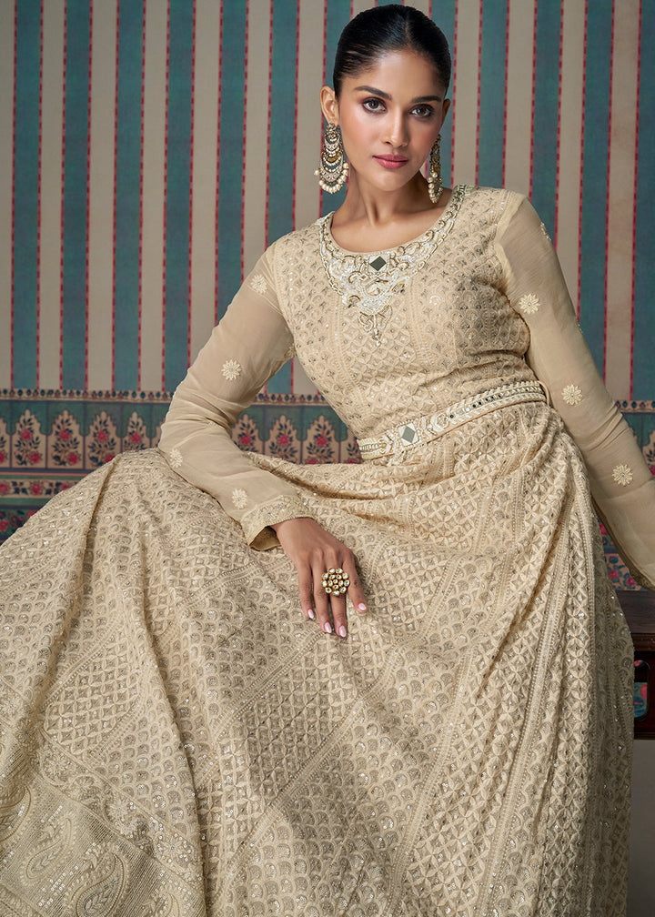 Beige Brown Georgette Anarkali Gown with Lucknowi Embroidered work