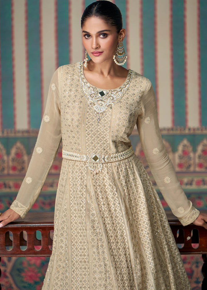 Beige Brown Georgette Anarkali Gown with Lucknowi Embroidered work