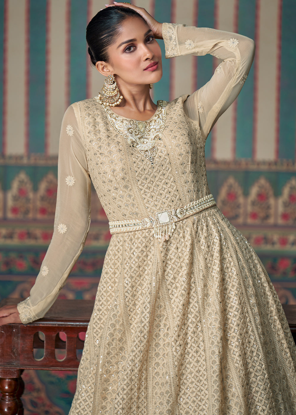 Beige Brown Georgette Anarkali Gown with Lucknowi Embroidered work