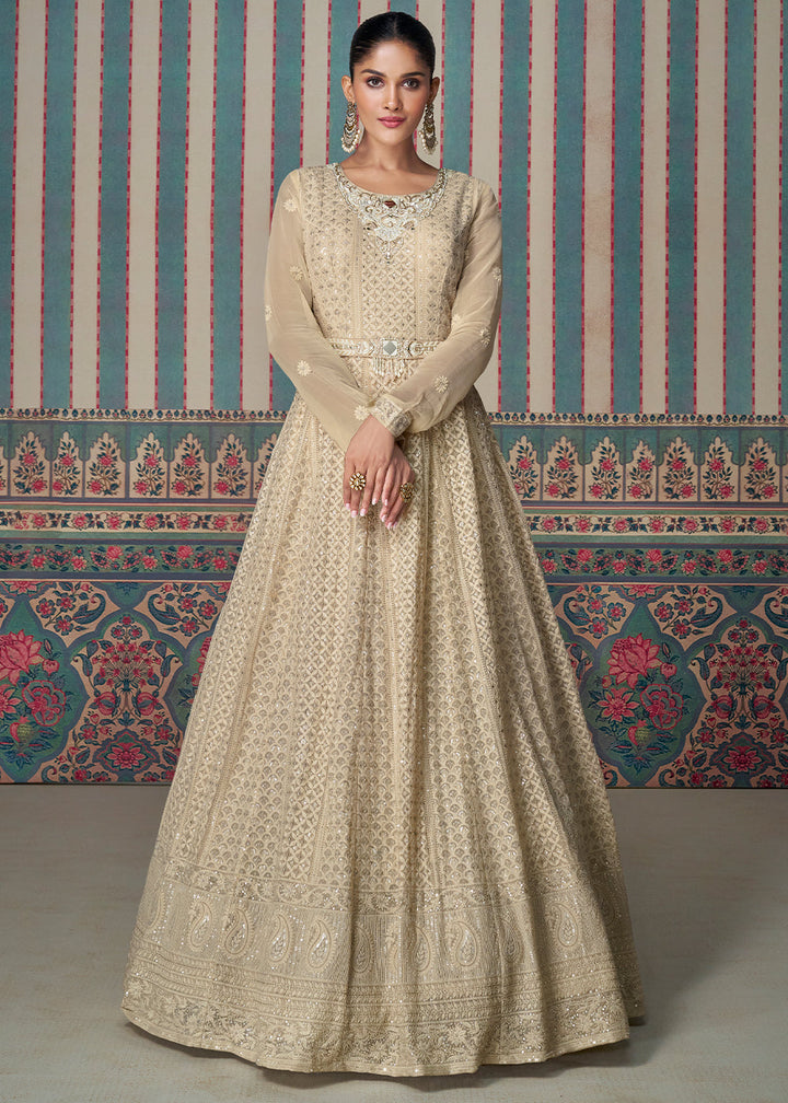 Beige Brown Georgette Anarkali Gown with Lucknowi Embroidered work