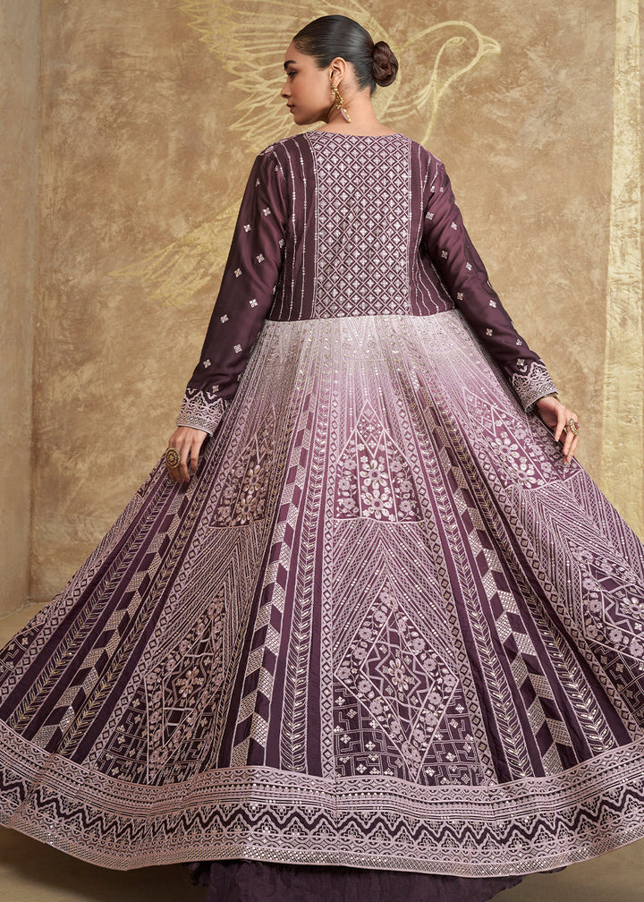 Shades Of Purple Chinon Silk Crop Top & Skirt with Long Jacket