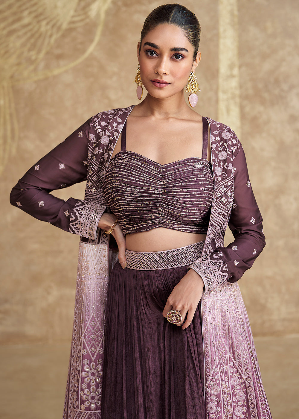 Shades Of Purple Chinon Silk Crop Top & Skirt with Long Jacket
