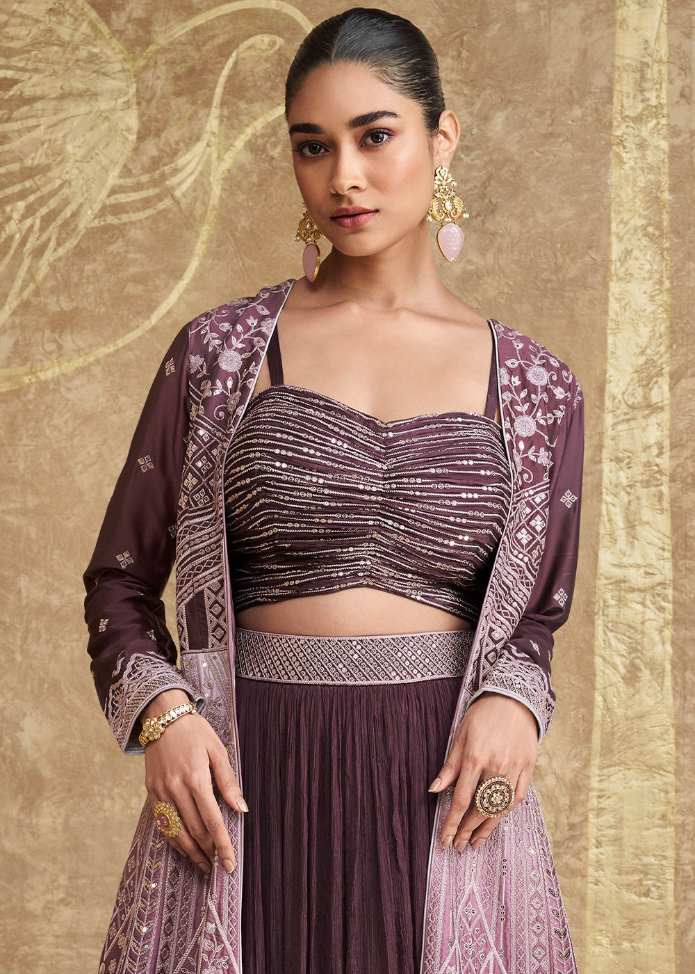 Shades Of Purple Chinon Silk Crop Top Skirt with Long Jacket