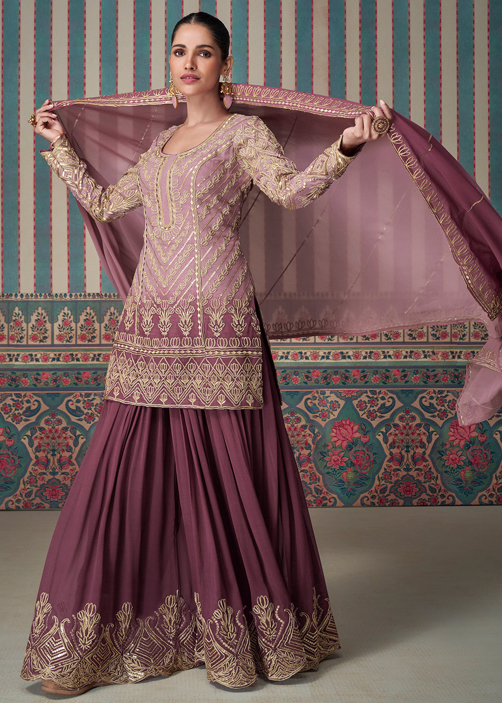 Shades Of Purple Embroidered Georgette Top & Sharara Set