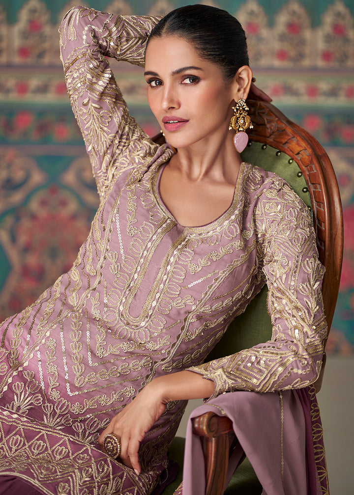 Shades Of Purple Embroidered Georgette Top & Sharara Set