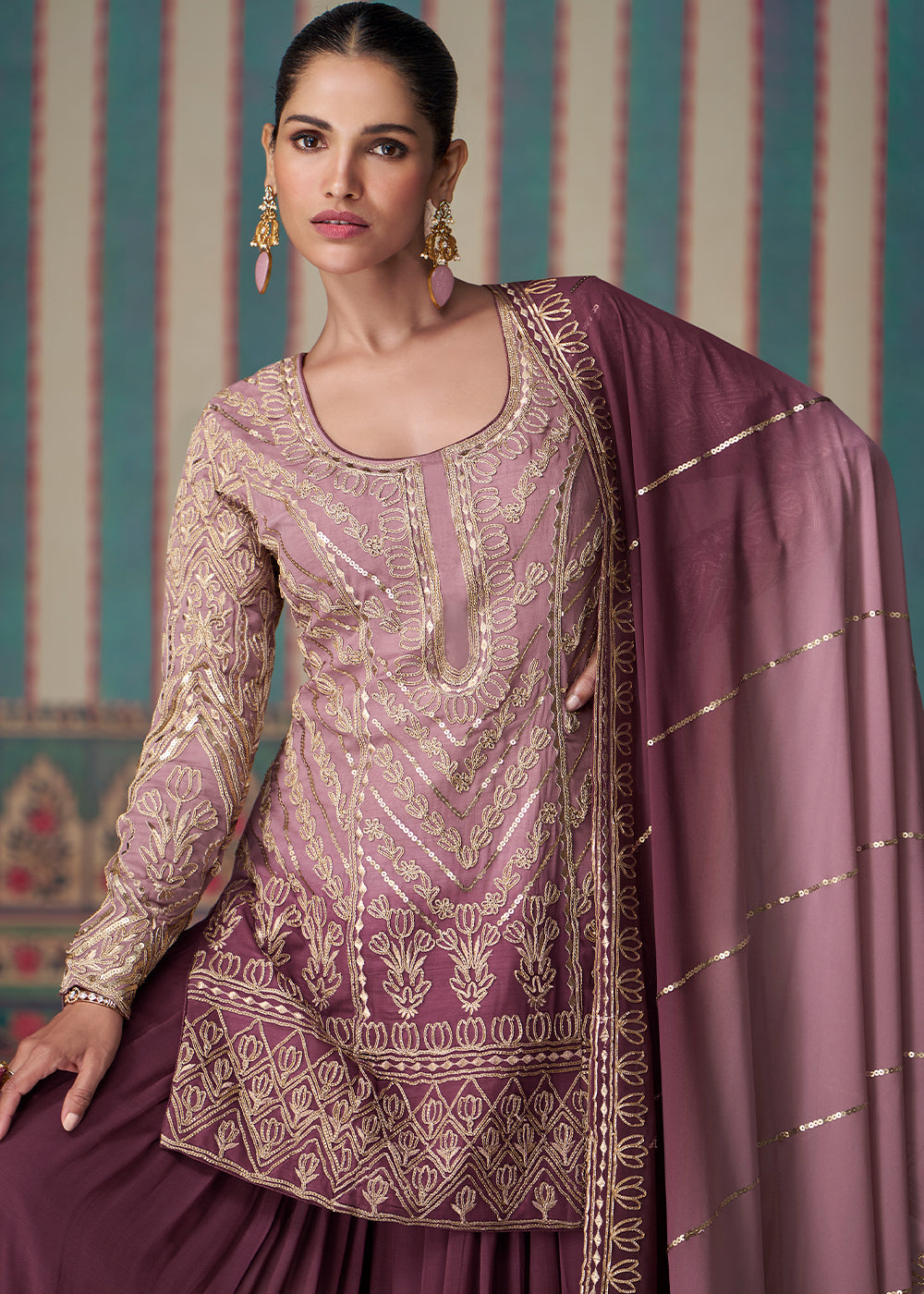 Shades Of Purple Embroidered Georgette Top & Sharara Set