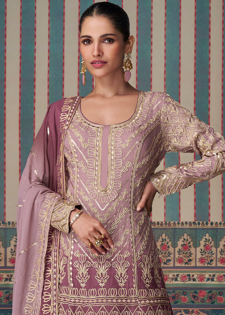 Shades Of Purple Embroidered Georgette Top & Sharara Set